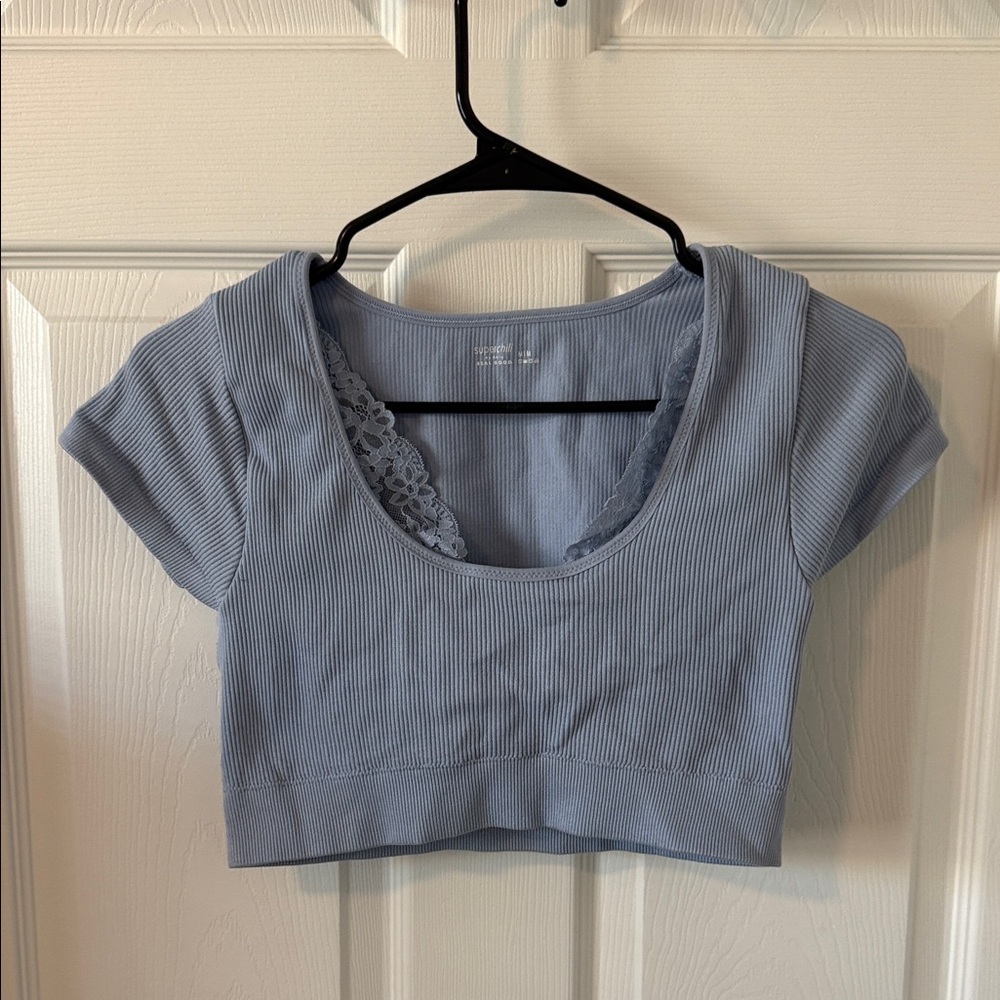 aerie Light Blue Ribbed Scoop Lace-Trim Crop Top